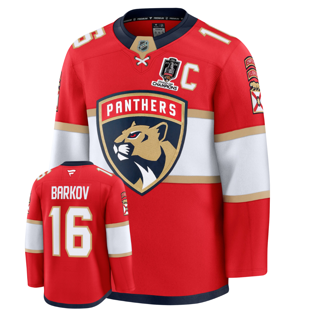 Aleksander Barkov Florida Panthers Fanatics Red Home Premium Jersey With 2025 Stanley Cup Champions Patch