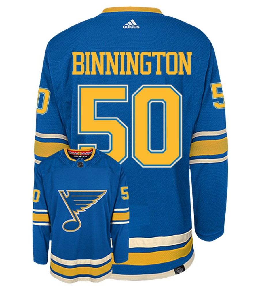 Jordan Binnington St Louis Blues Adidas Primegreen Authentic Third Alternate NHL Hockey Jersey - Back/Front View