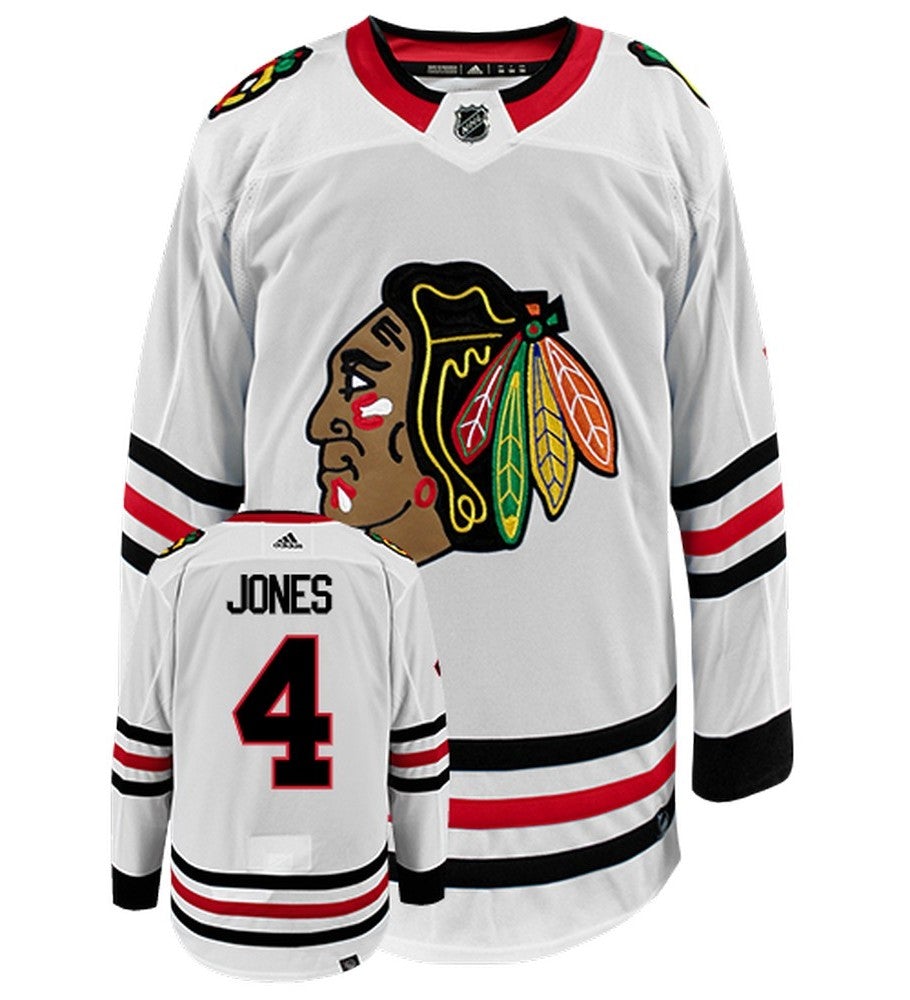 Seth Jones Chicago Blackhawks Adidas Primegreen Authentic Away NHL Hockey Jersey - Front/Back View