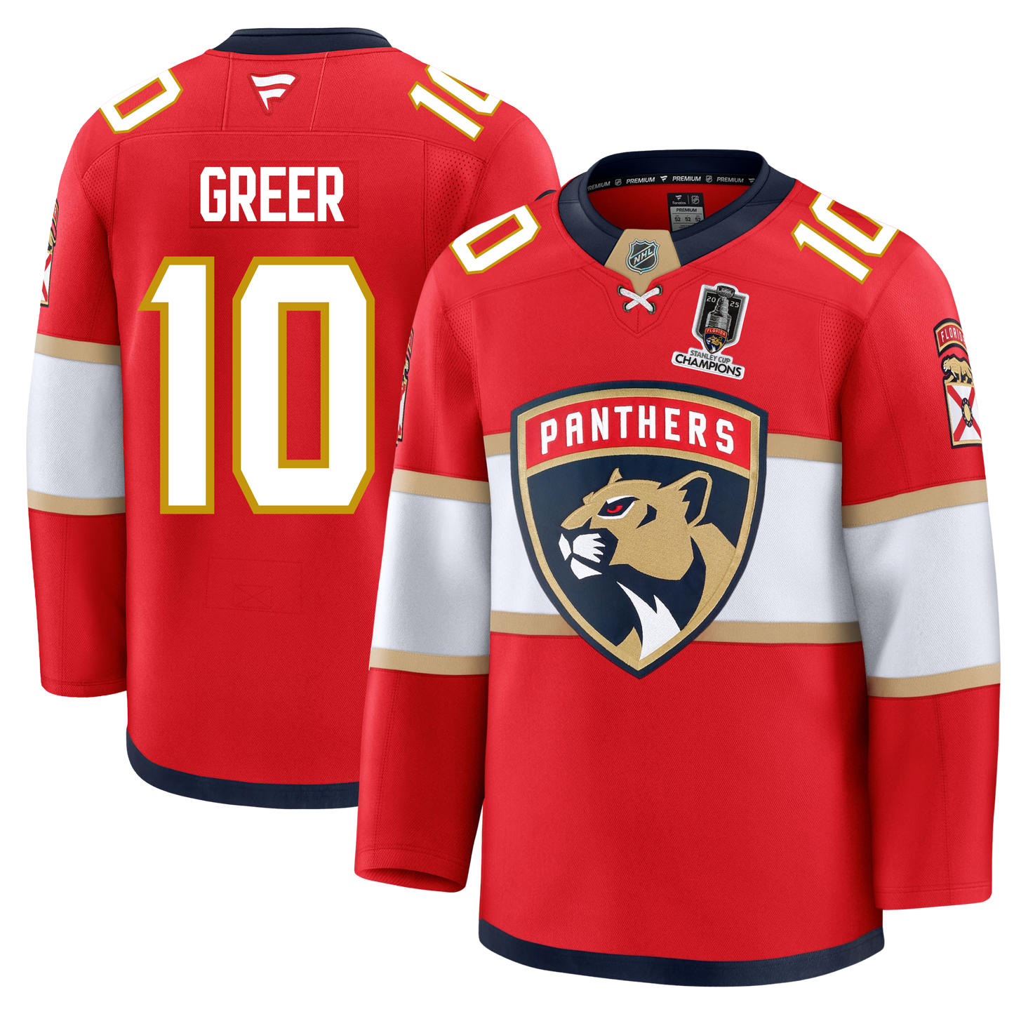 A.J. Greer Florida Panthers Fanatics Premium Official NHL HOME Jersey With 2025 Stanley Cup Champions Patch