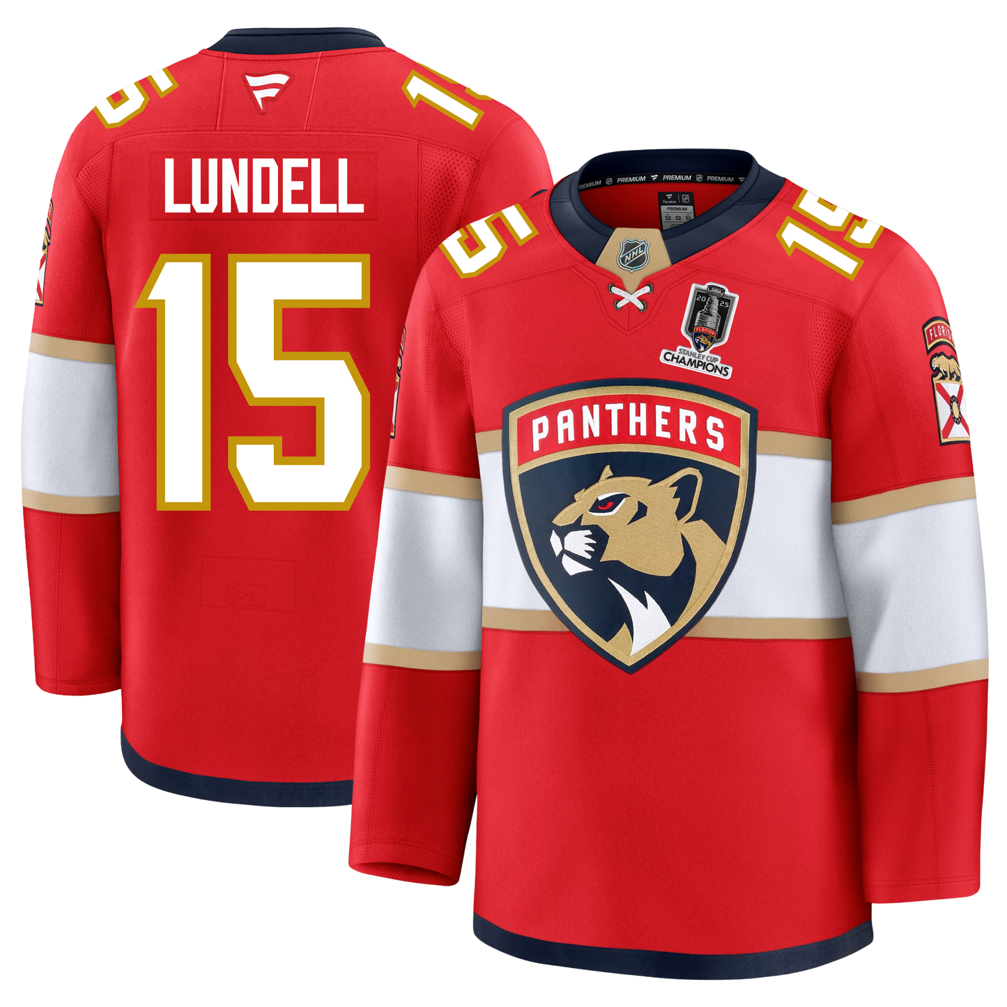 Anton Lundell Florida Panthers Fanatics Premium Official NHL HOME Jersey With 2025 Stanley Cup Champions Patch