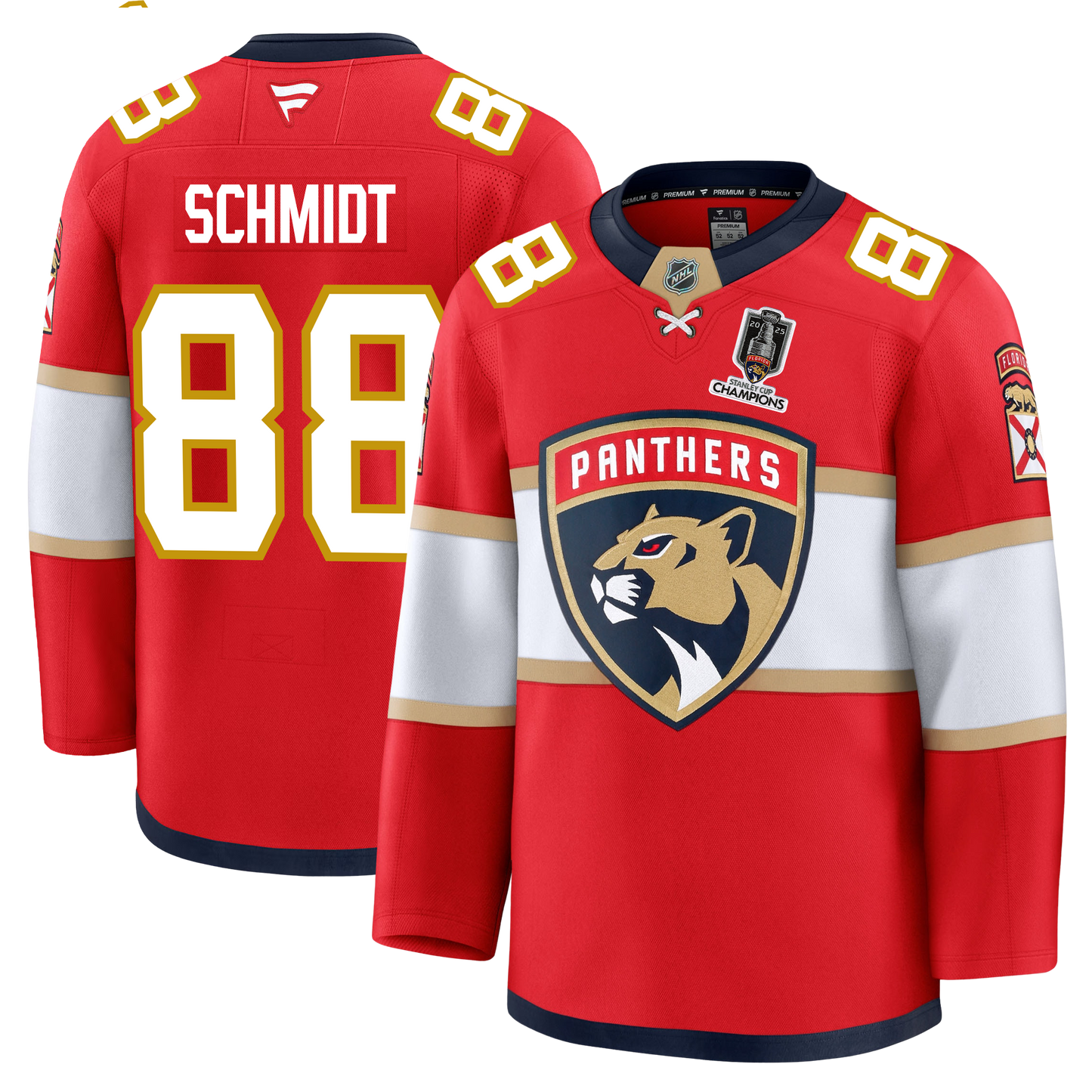 Nate Schmidt Florida Panthers Fanatics Premium Official NHL HOME Jersey With 2025 Stanley Cup Champions Patch