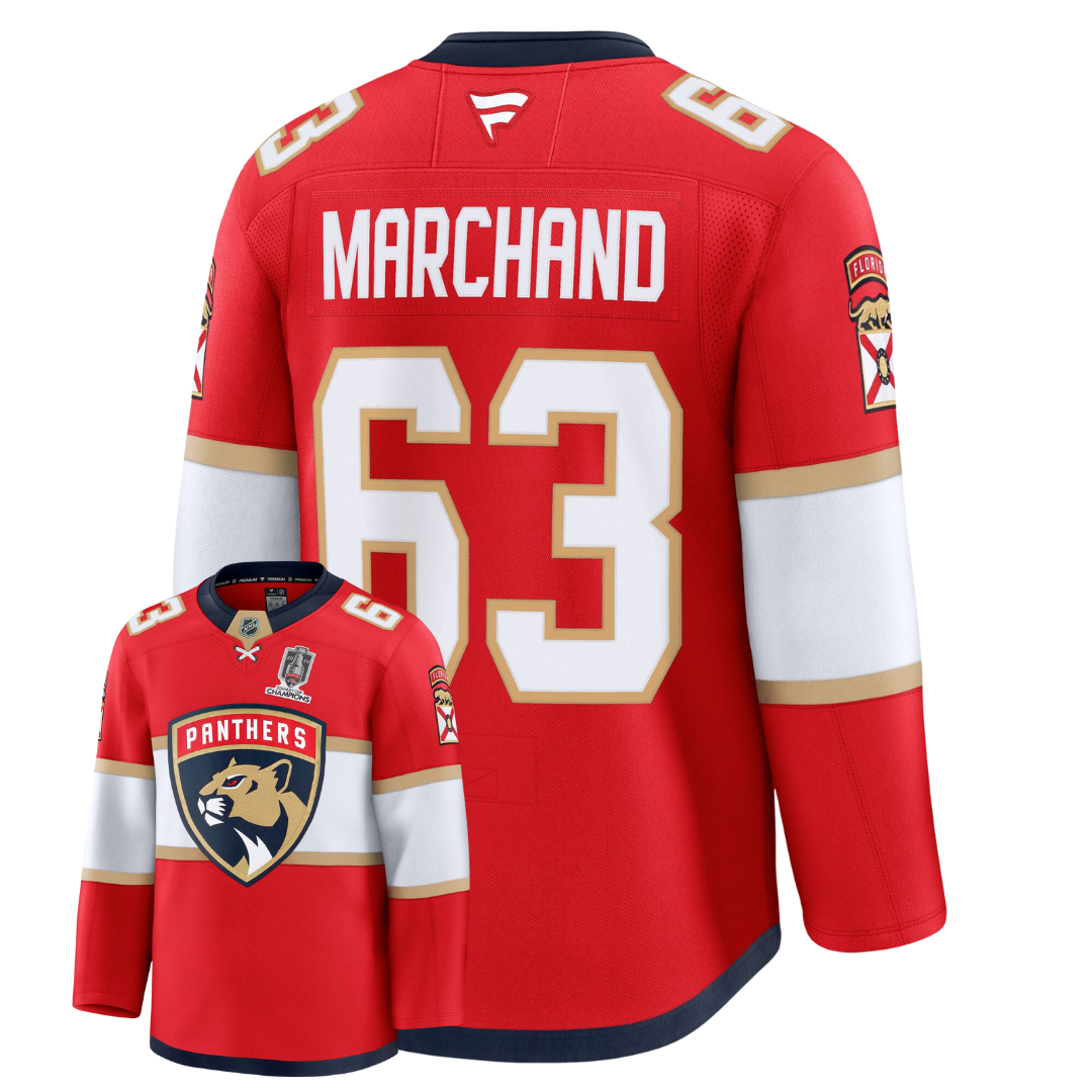 Brad Marchand Florida Panthers Fanatics Red Home Premium Jersey With 2025 Stanley Cup Champions Patch