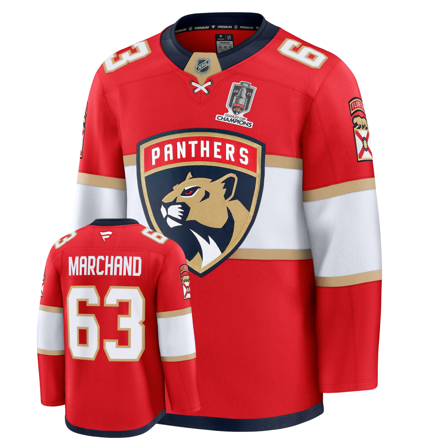 Brad Marchand Florida Panthers Fanatics Red Home Premium Jersey With 2025 Stanley Cup Champions Patch