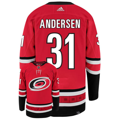 Frederik Andersen Carolina Hurricanes Adidas Primegreen Authentic Home NHL Hockey Jersey - Back/Front View