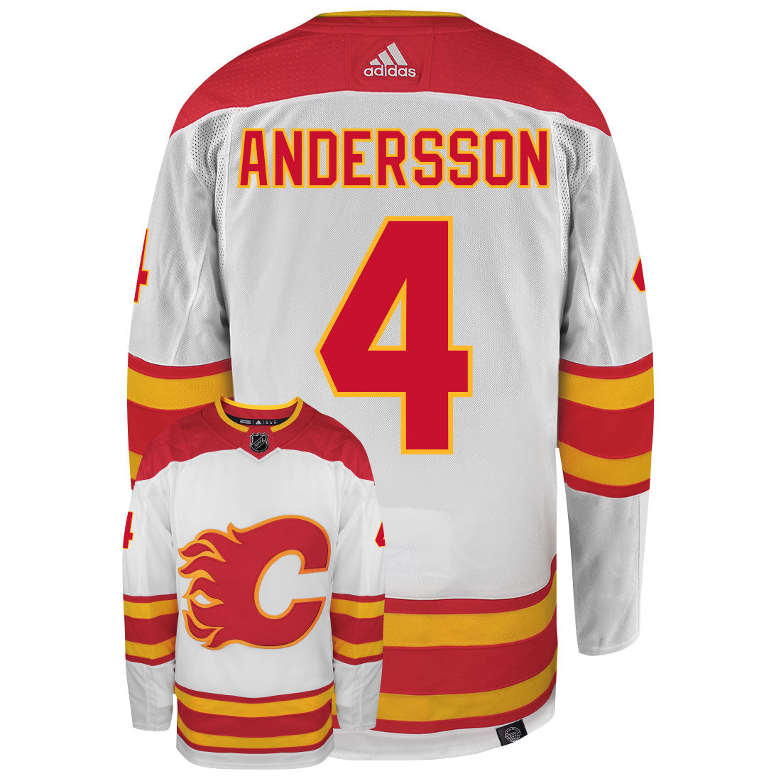Rasmus Andersson Calgary Flames Adidas Primegreen Authentic Away NHL Hockey Jersey - Back/Front View