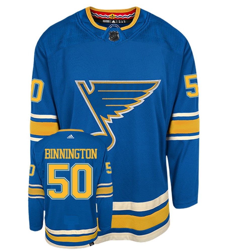 Jordan Binnington St Louis Blues Adidas Primegreen Authentic Third Alternate NHL Hockey Jersey - Front/Back View