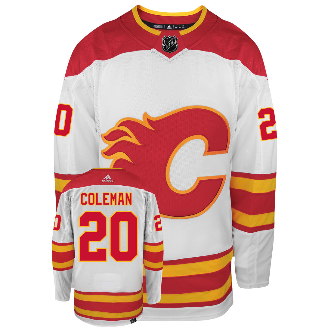 Blake Coleman Calgary Flames Adidas Primegreen Authentic Away NHL Hockey Jersey - Front/Back View