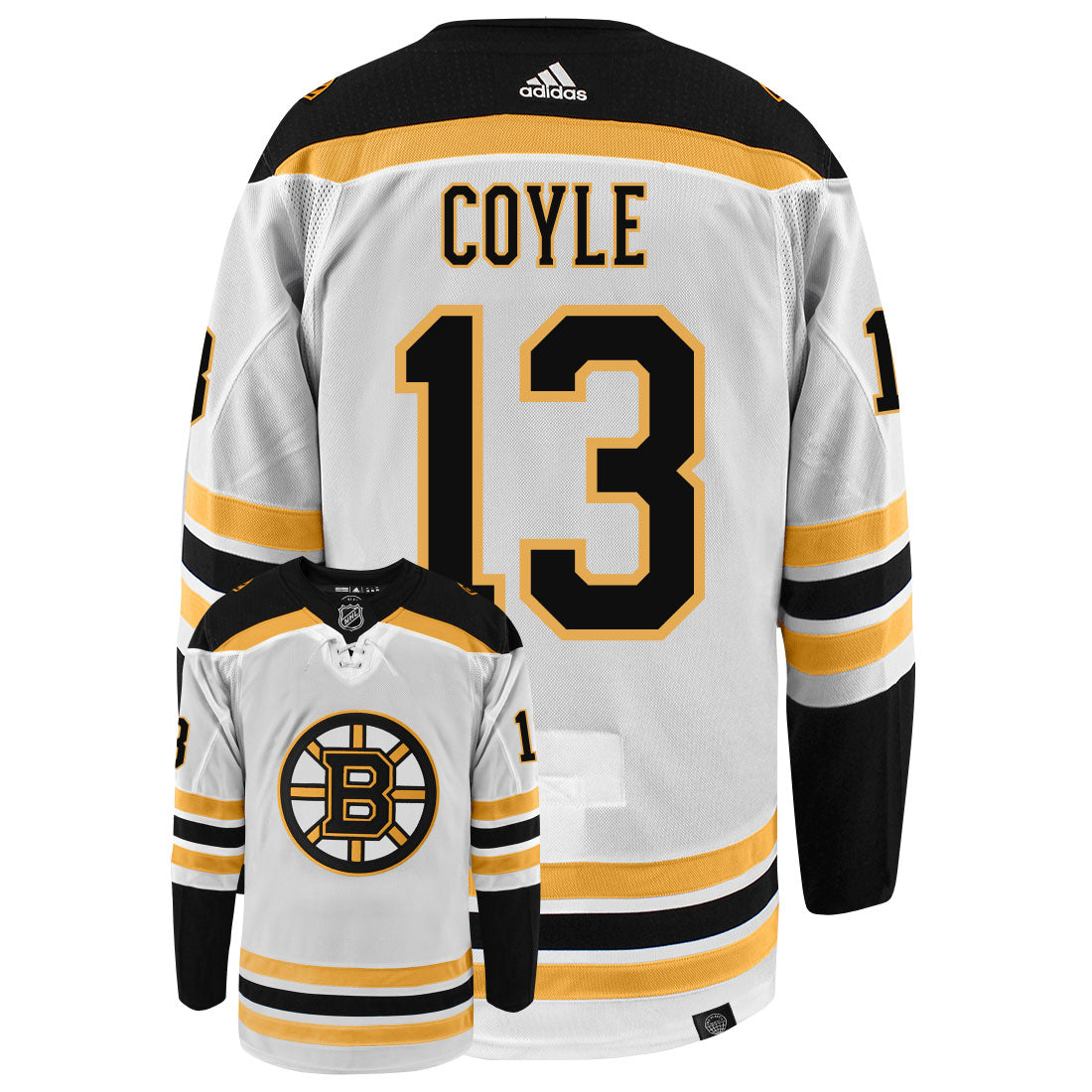 Charlie Coyle Boston Bruins Adidas Primegreen Authentic Away NHL Hockey Jersey - Back/Front View