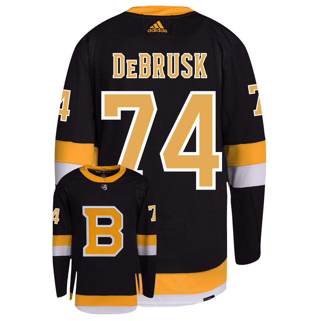 Jake DeBrusk Boston Bruins Adidas Primegreen Authentic Third Alternate NHL Hockey Jersey - Back/Front View