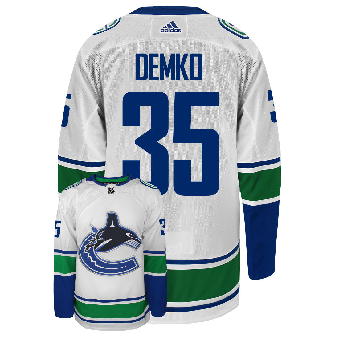 Thatcher Demko Vancouver Canucks Adidas Primegreen Authentic Away NHL Hockey Jersey - Back/Front View