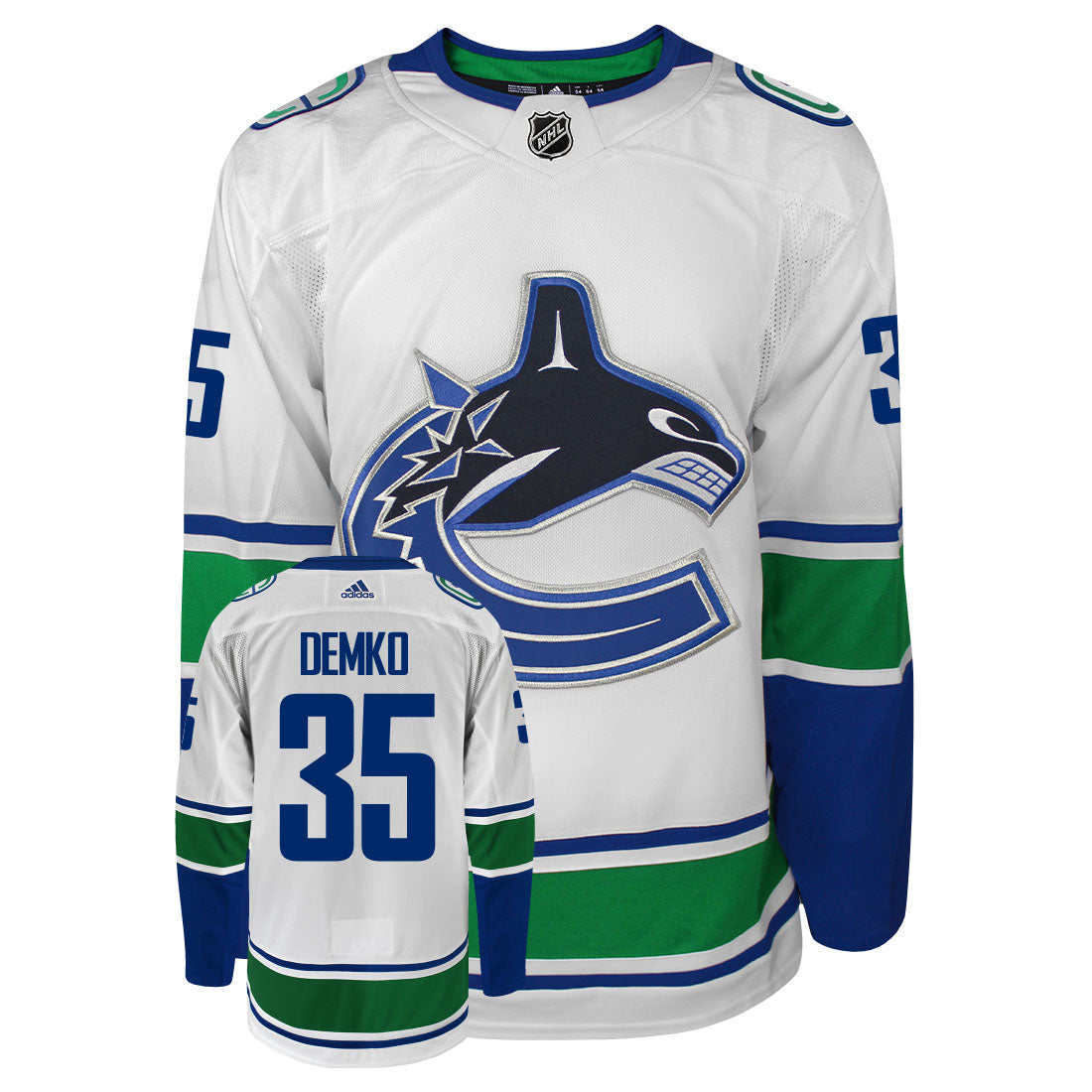 Thatcher Demko Vancouver Canucks Adidas Primegreen Authentic Away NHL Hockey Jersey - Front/Back View