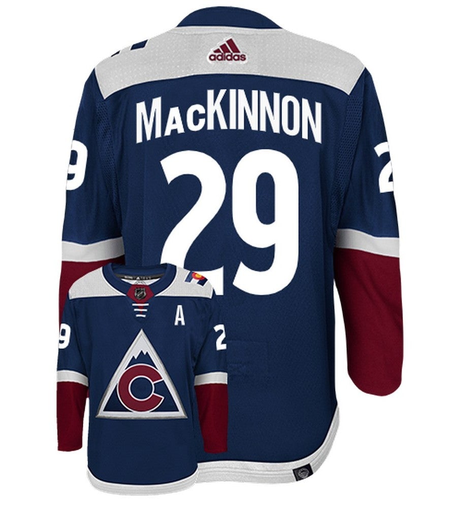 Nathan MacKinnon Colorado Avalanche Adidas Primegreen Authentic Alternate NHL Hockey Jersey - Back/Front View