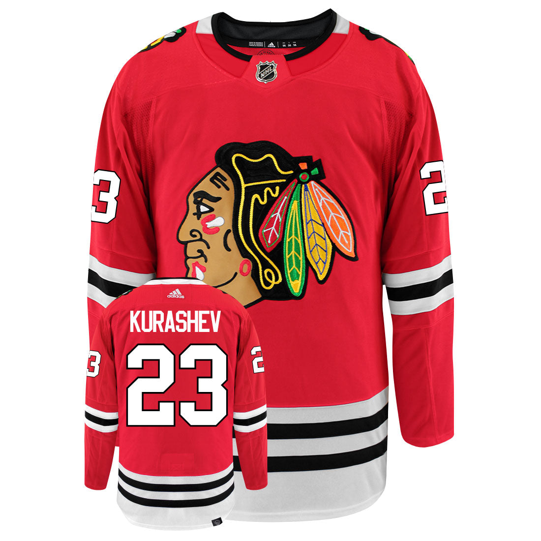 Philipp Kurashev Chicago Blackhawks Adidas Primegreen Authentic Home NHL Hockey Jersey - Front/Back View