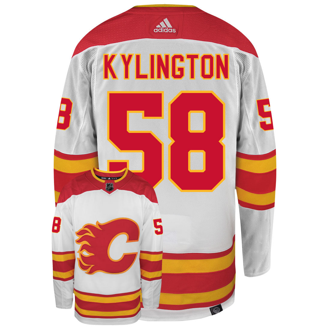 Oliver Kylington Calgary Flames Adidas Primegreen Authentic Away NHL Hockey Jersey - Back/Front View