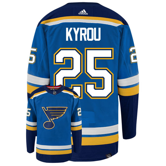 Jordan Kyrou St Louis Blues Adidas Primegreen Authentic Home NHL Hockey Jersey - Back/Front View