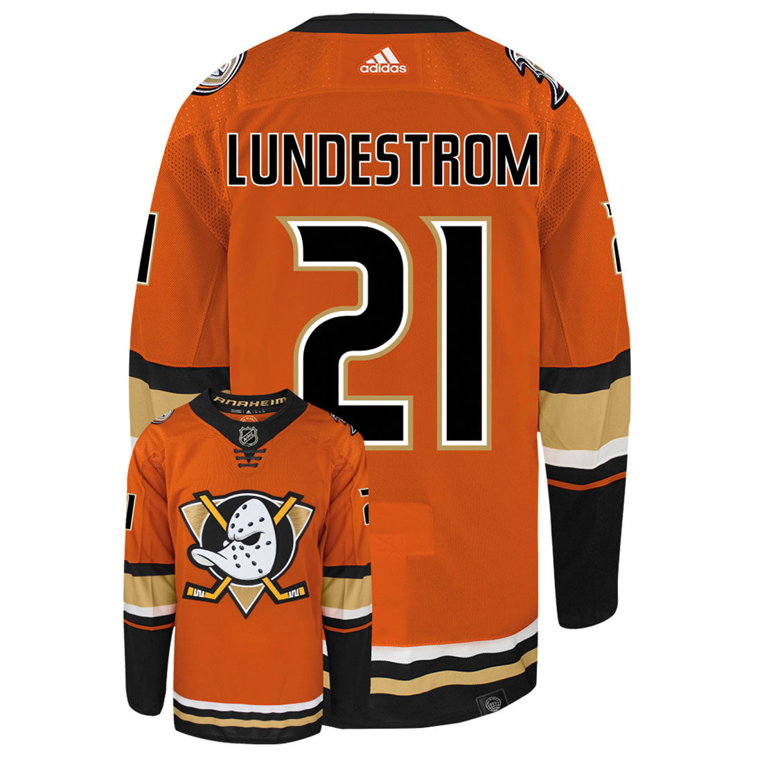 Isac Lundestrom Anaheim Ducks Adidas Primegreen Authentic Third Alternate NHL Hockey Jersey - Back/Front View
