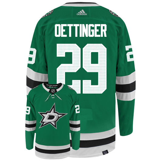 Jake Oettinger Dallas Stars Adidas Primegreen Authentic Home NHL Hockey Jersey - Back/Front View