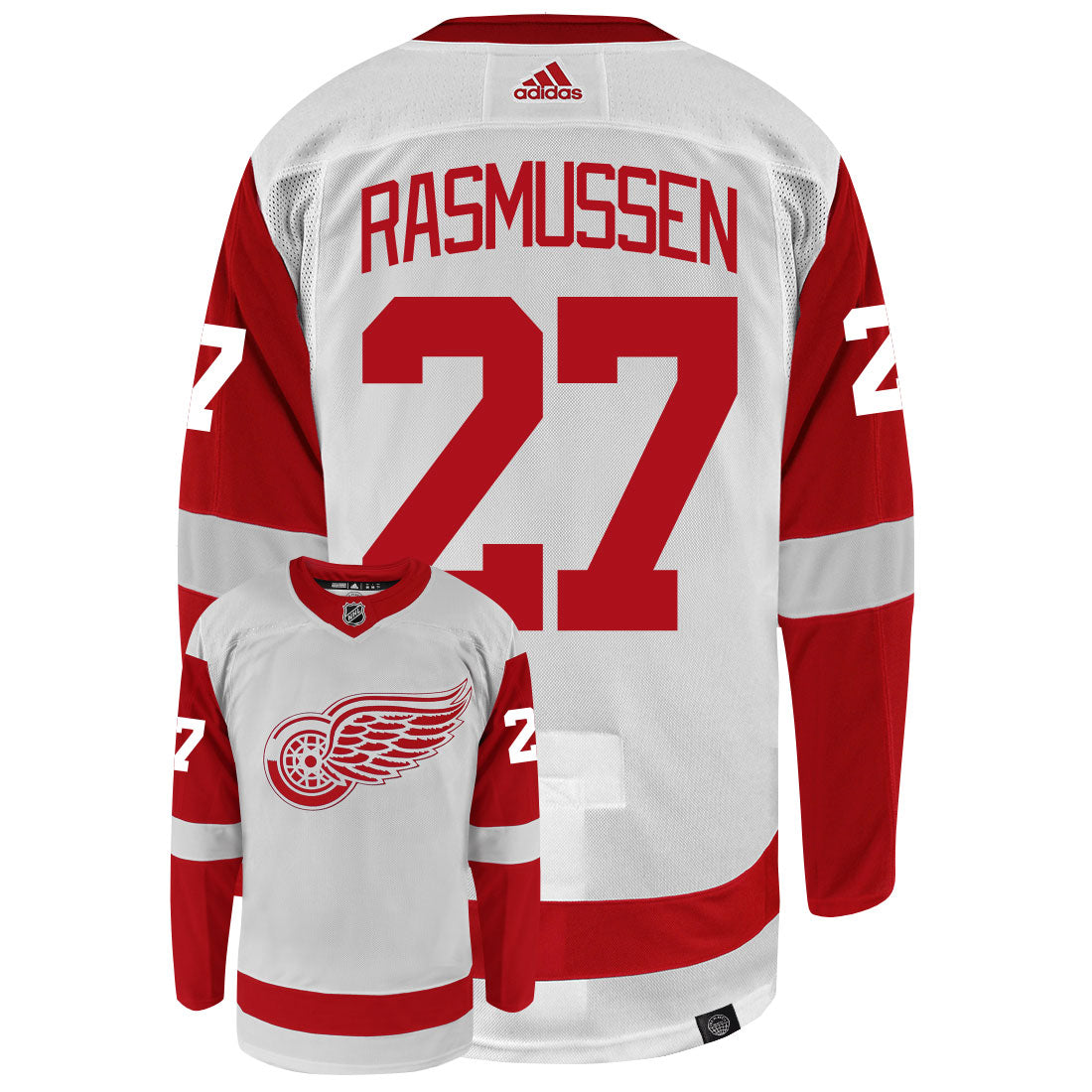 Michael Rasmussen Detroit Red Wings Adidas Primegreen Authentic Away NHL Hockey Jersey - Back/Front View
