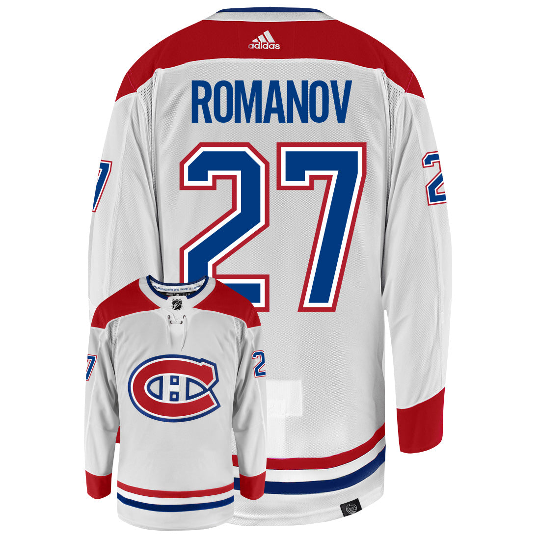 Alexander Romanov Montreal Canadiens Adidas Primegreen Authentic Away NHL Hockey Jersey - Back/Front View