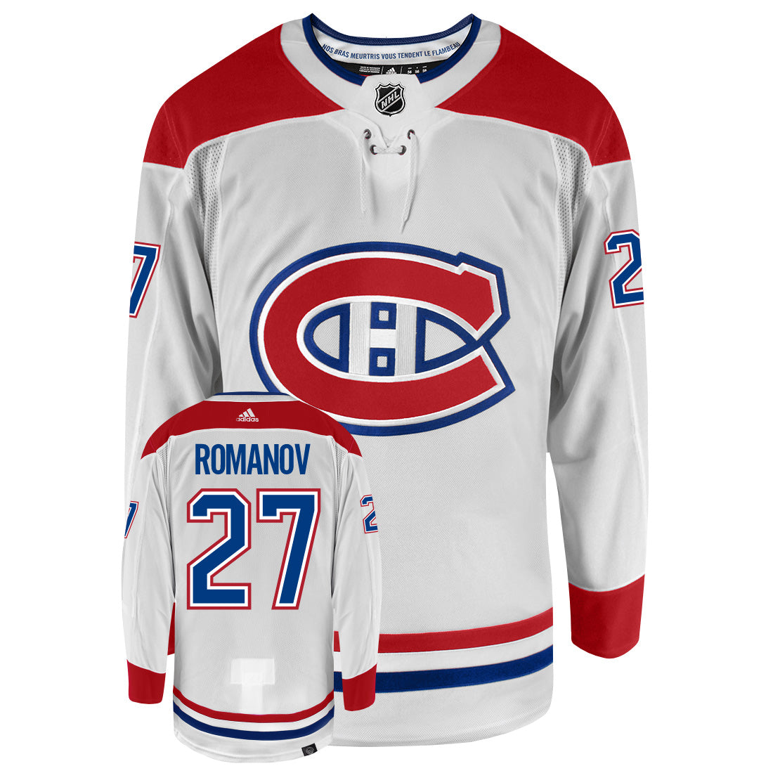 Alexander Romanov Montreal Canadiens Adidas Primegreen Authentic Away NHL Hockey Jersey - Front/Back View