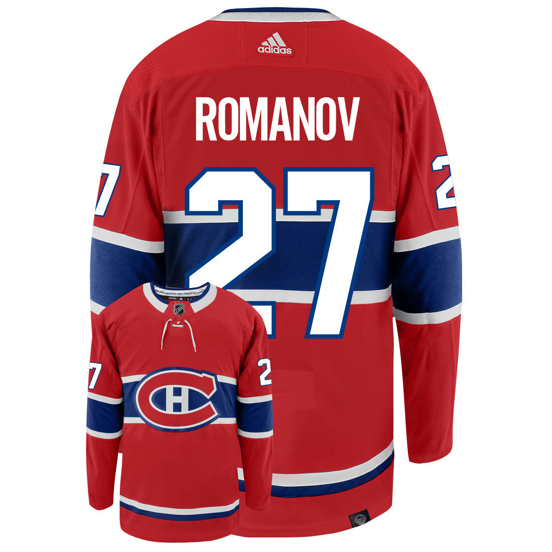 Alexander Romanov Montreal Canadiens Adidas Primegreen Authentic Home NHL Hockey Jersey - Back/Front View