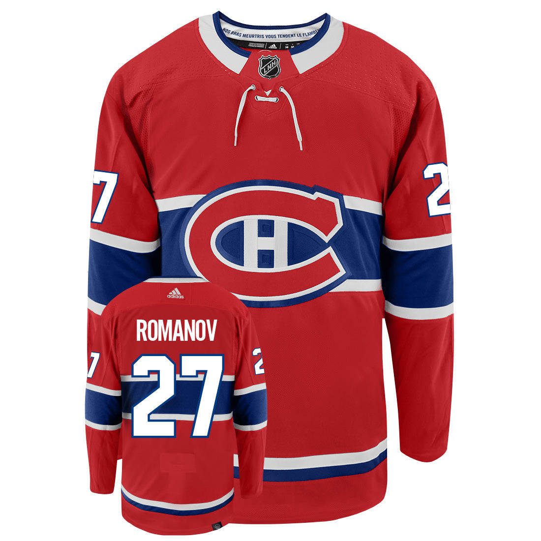 Alexander Romanov Montreal Canadiens Adidas Primegreen Authentic Home NHL Hockey Jersey - Front/Back View