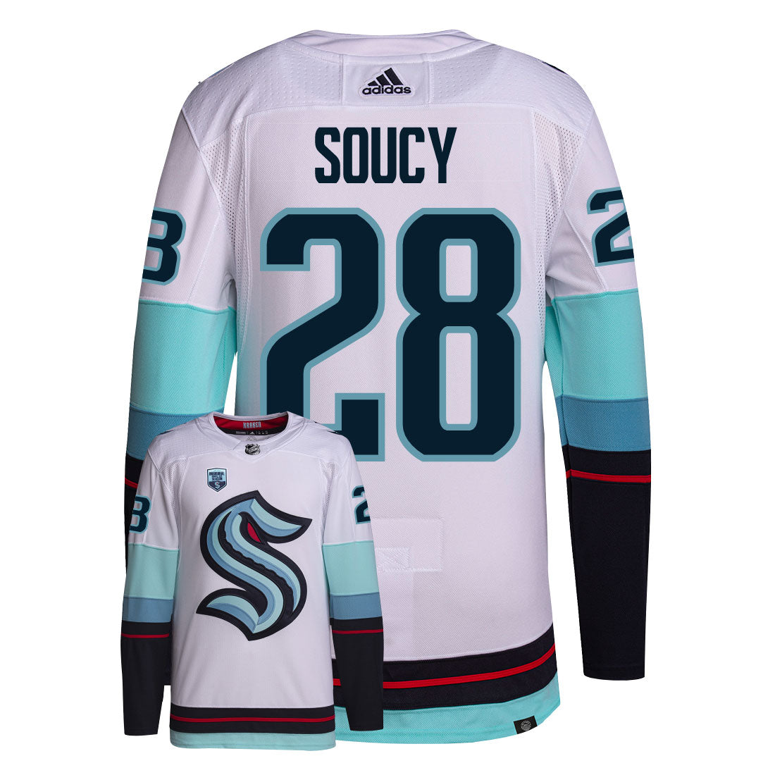 Carson Soucy Seattle Kraken Adidas Primegreen Authentic Away NHL Hockey Jersey - Back/Front View