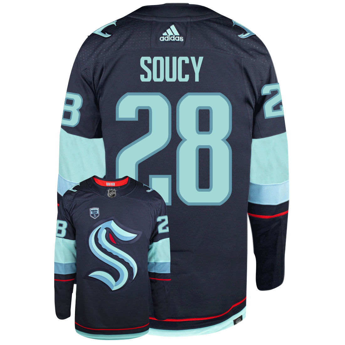 Carson Soucy Seattle Kraken Adidas Primegreen Authentic Home NHL Hockey Jersey - Back/Front View
