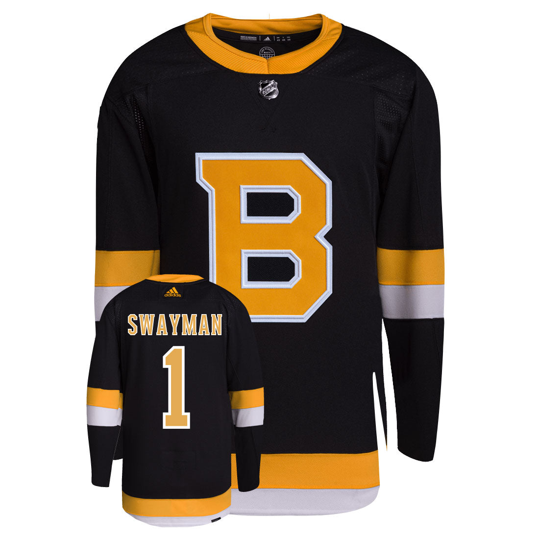 Jeremy Swayman Boston Bruins Adidas Primegreen Authentic Third Alternate NHL Hockey Jersey - Front/Back View